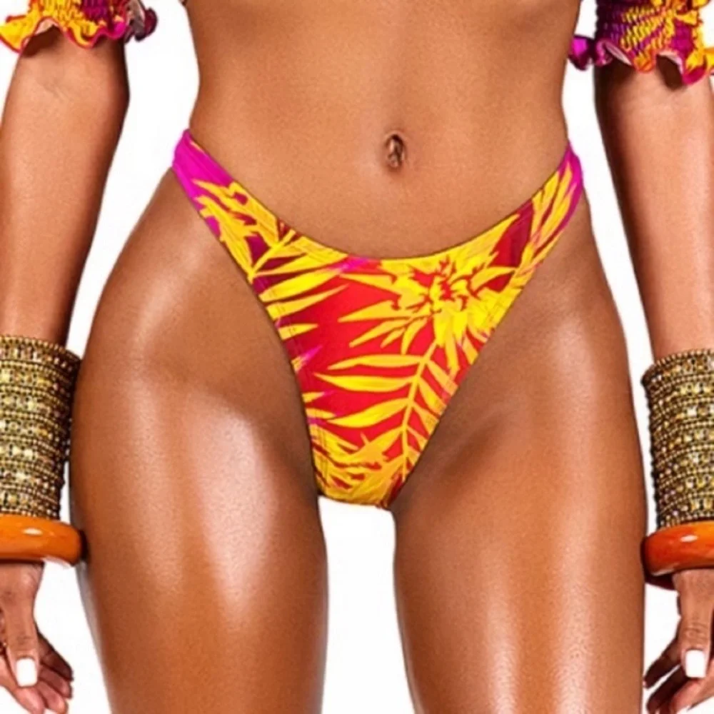 New! BFyne Tropical Floral puff sleeve thong Bikini Set 3464